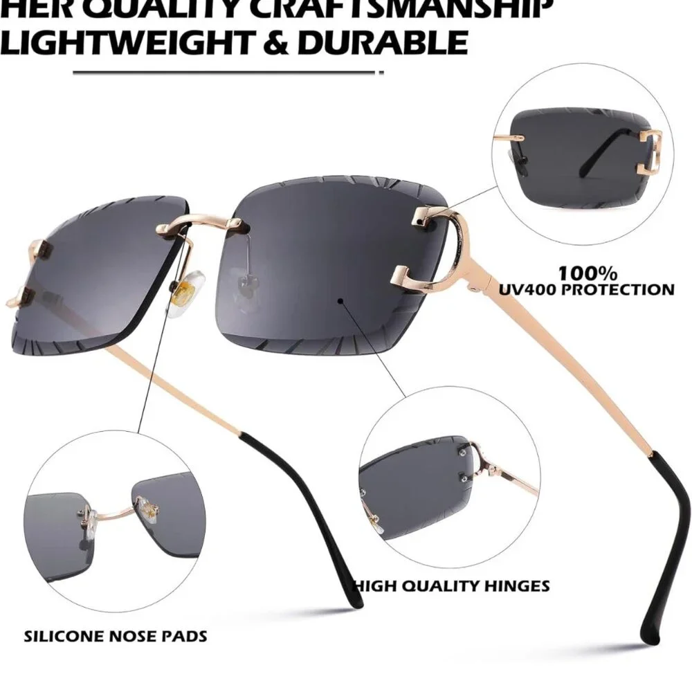 Mens Sunglasses Hip Hop‎ Style Dark Black Lens Gold Rimless Diamond Cut Classy